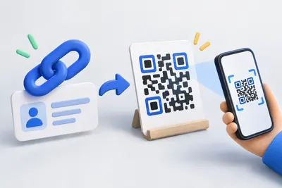 Eine Inhaltskarte wird zum QR-Code auf einem Aufsteller, den ein Smartphone scannt.